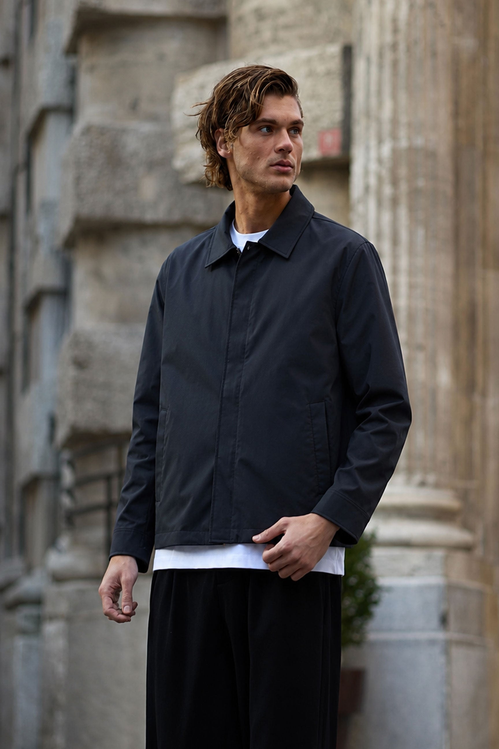 Schwarze, wasserdichte Harrington-Jacke für Herren mit Kragen