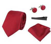 Satin Silk Textured Red Tie Gift Set Pocket Square Cuff Links Tie Matt Satin
