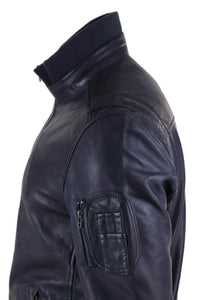 Real Leather Autumn Jacket with High Neck for Mens - Navy Color