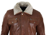 Mens Black brown Real Leather Jacket Sheepskin Collar Short Zip Button - Timber
