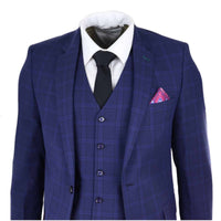 Mens Navy Check 3 Piece Wedding Suit