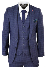 Mens Navy Blue Check 3 Piece Slim Fit Suit
