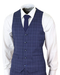 Mens Navy Blue Check 3 Piece Slim Fit Suit