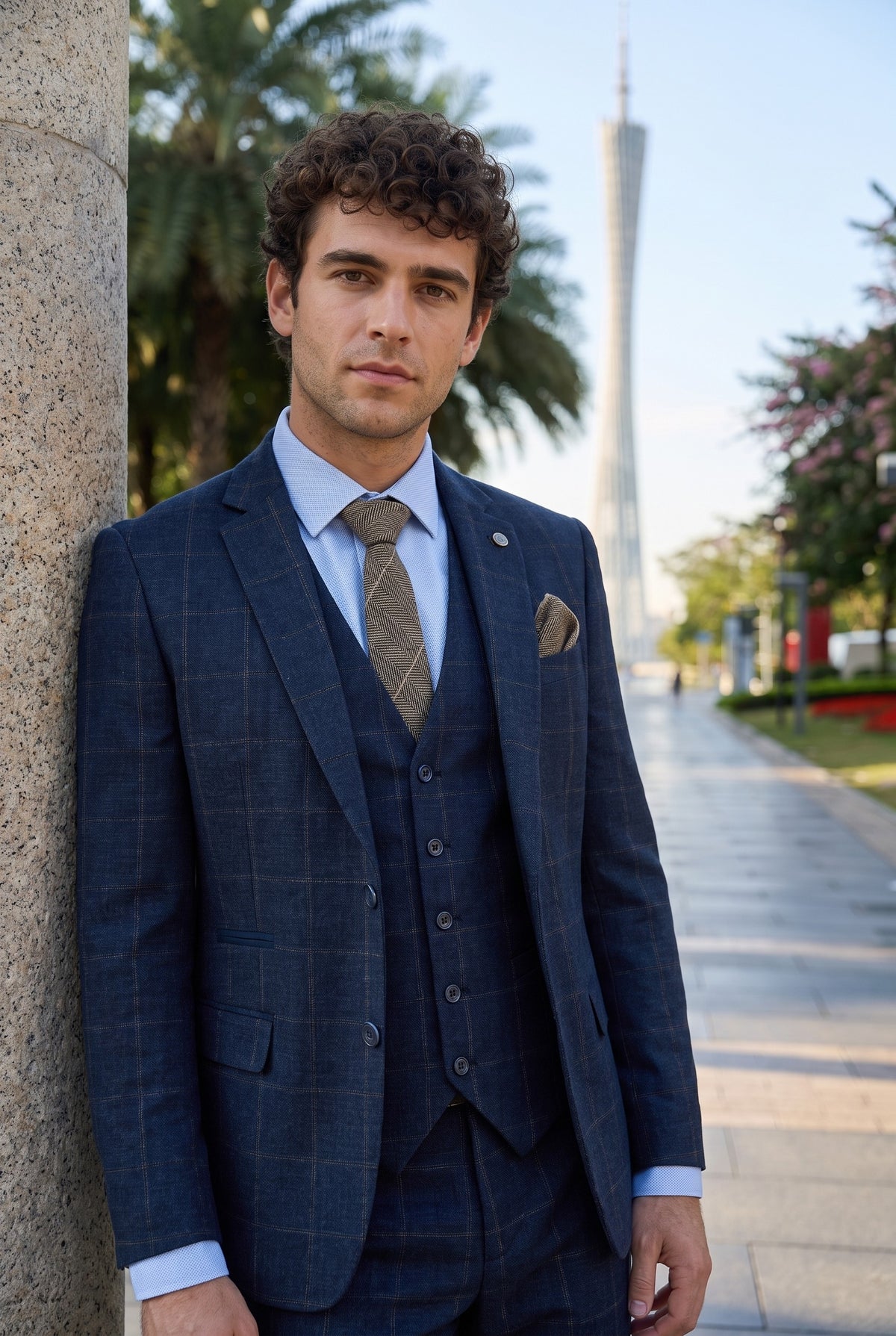 Look #729 styled with Herrenanzug 3-teilig Wolle Tweed Marineblau Braun Kariert 1920er Gatsby