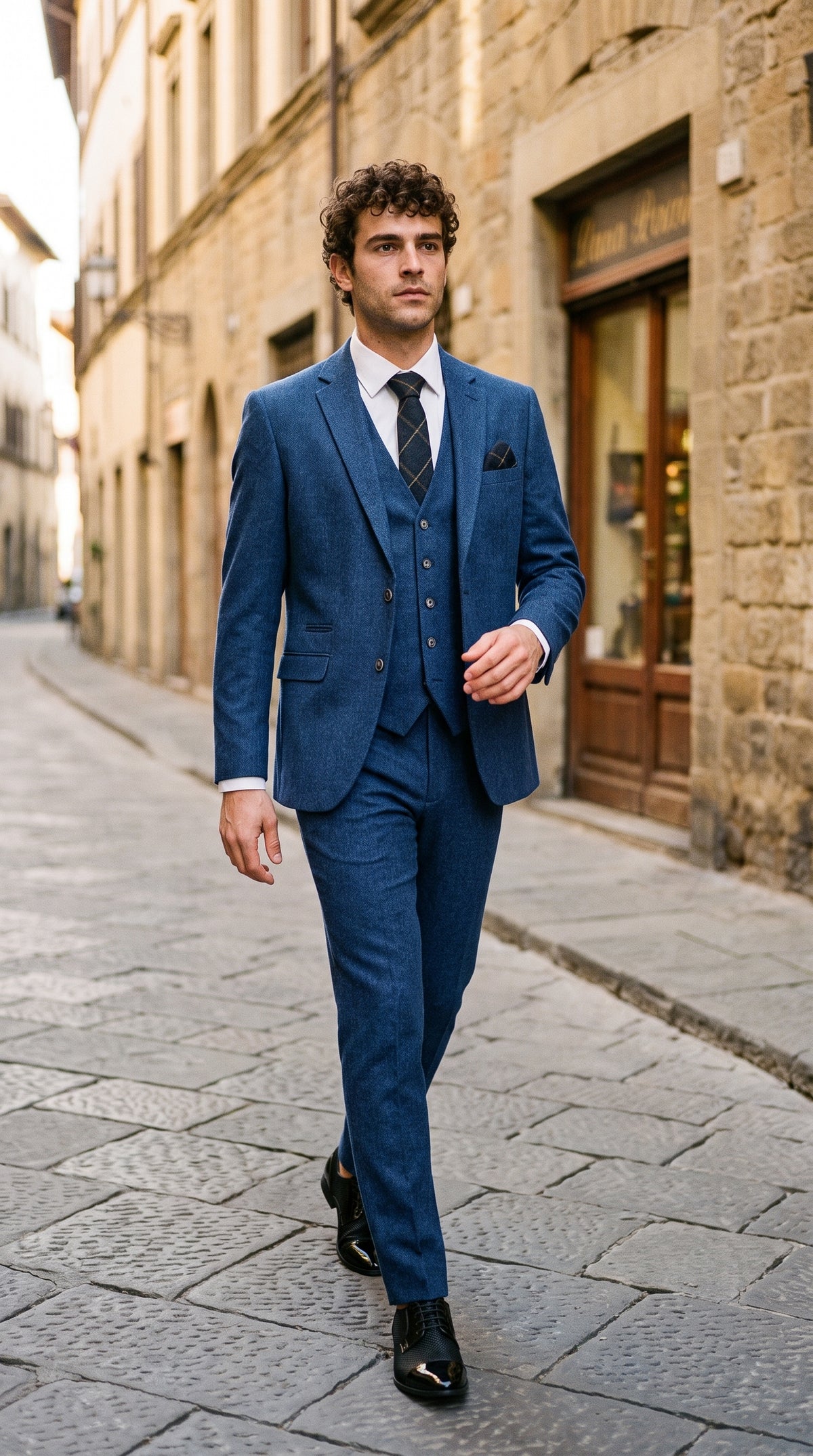Look #263 styled with Cavani Orson – Dreiteiliger Anzug aus blauem Twill