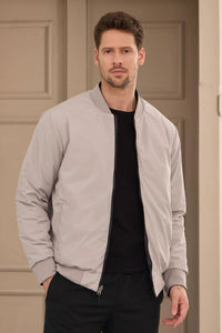 Wendbare Herren-Bomberjacke in Grau und Beige, leicht, gesteppt, 2-in-1