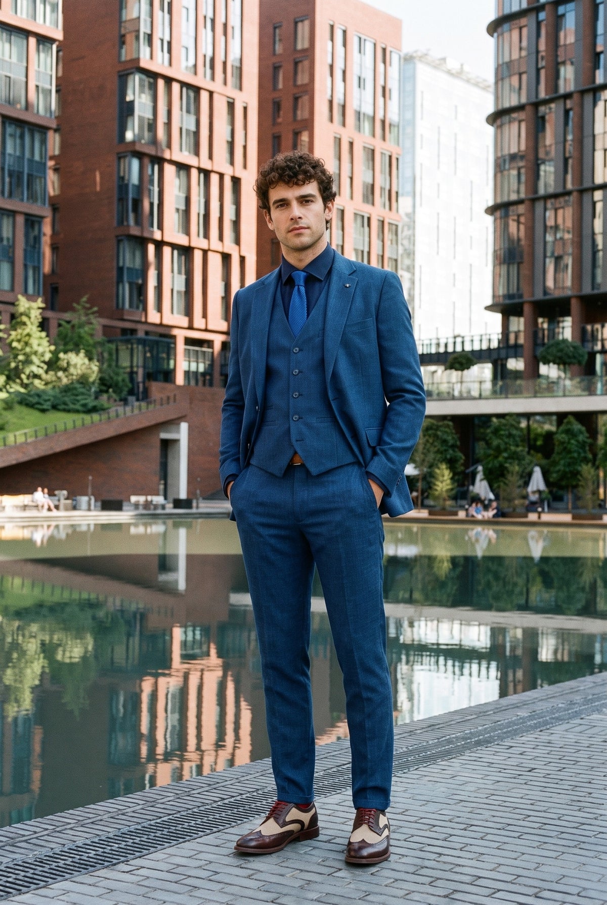 Look #998 styled with Blauer Sommer-Leinenanzug für Herren