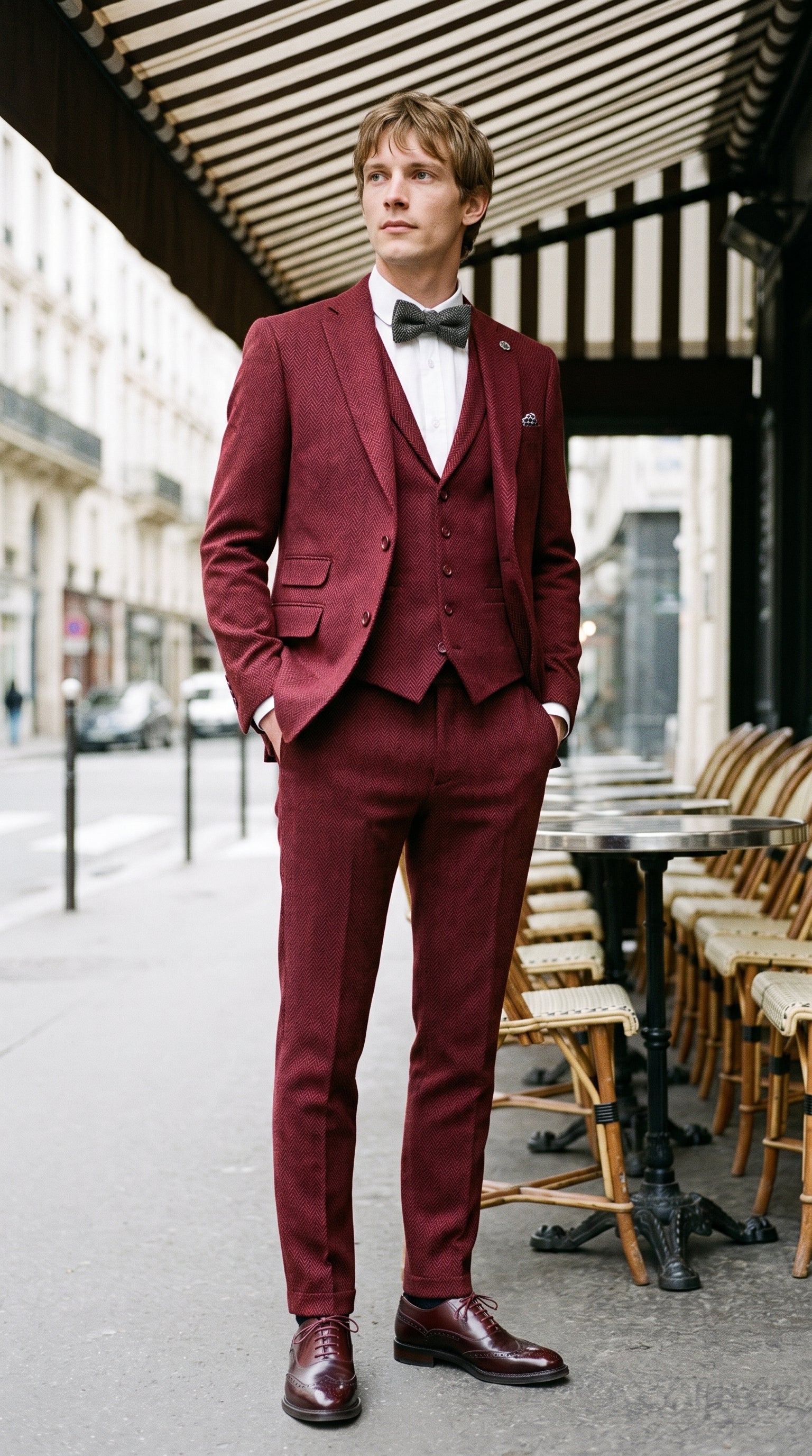Look #144 styled with Weinroter 3-teiliger Tweedanzug für Herren mit Fischgrätenmuster - STZ11