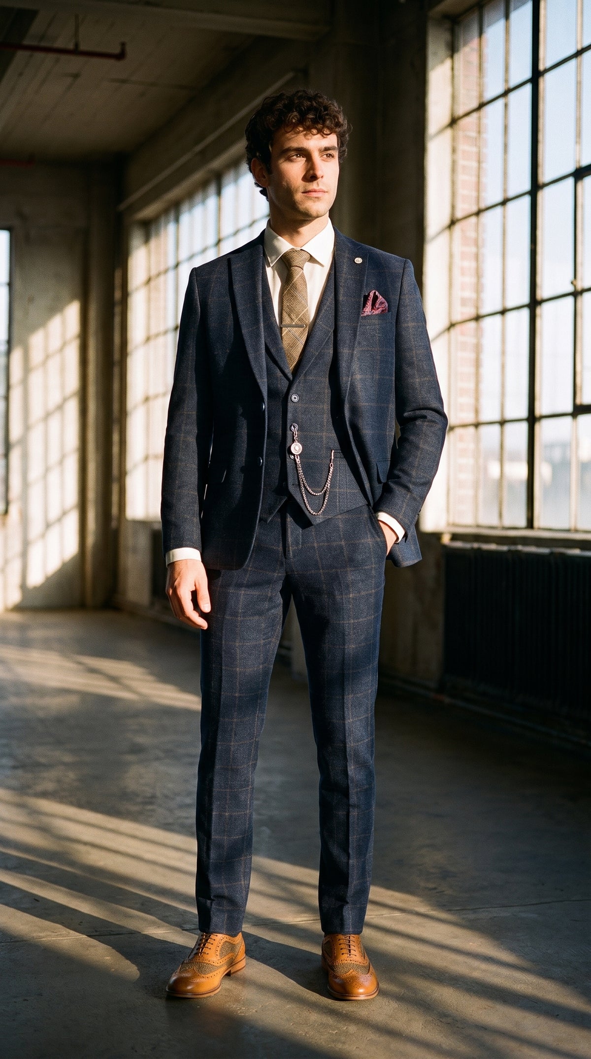 Look #725 styled with Herrenanzug 3-teilig Wolle Tweed Marineblau Braun Kariert 1920er Gatsby
