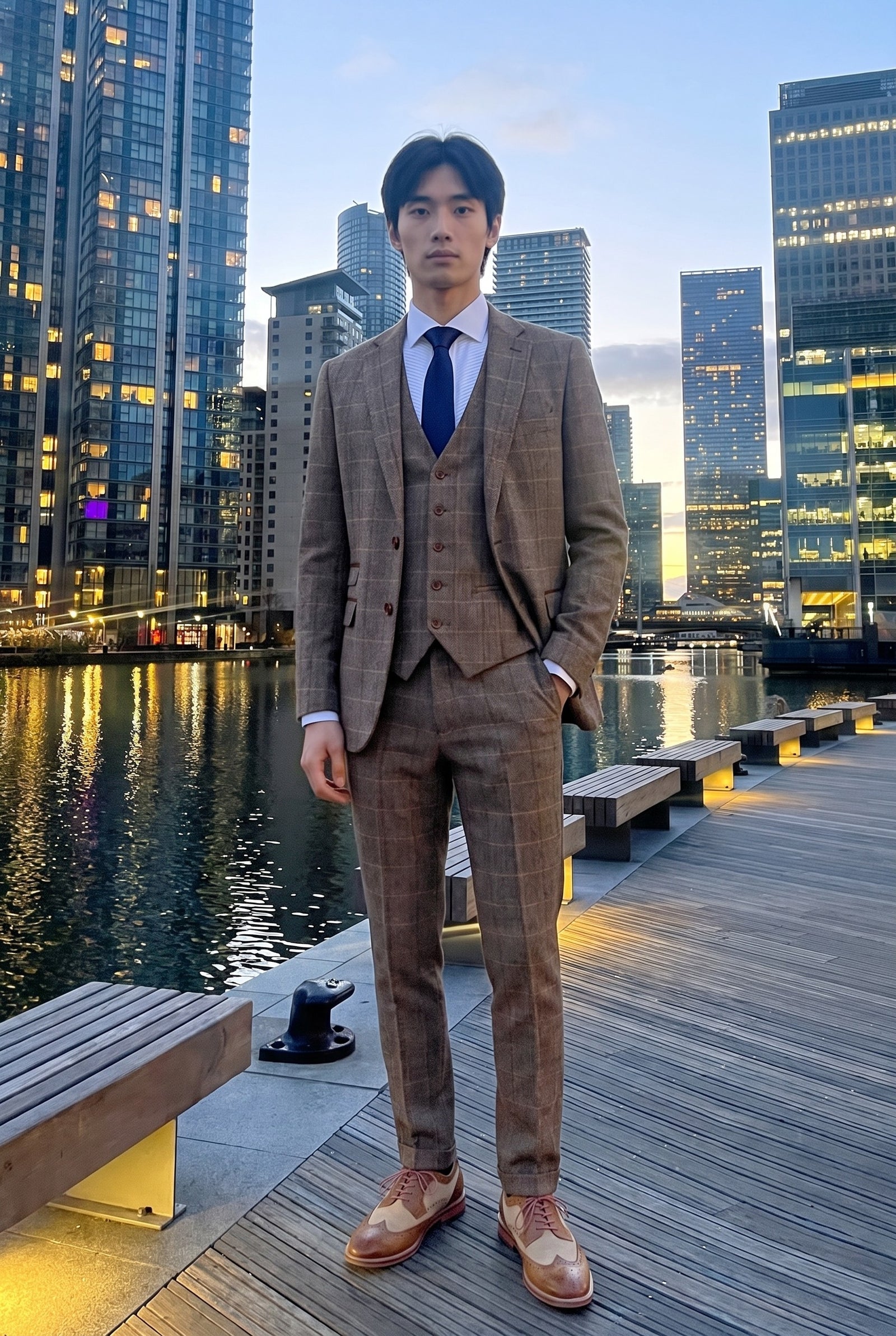 Look #536 styled with Harris - Brauner 3-teiliger Tweedanzug mit Fischgrätmuster für Herren