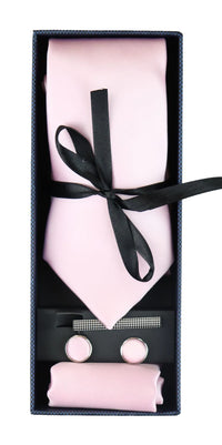 Satin Silk Pink Tie Gift Set Pocket Square Cuff Links Tie Shiny Satin