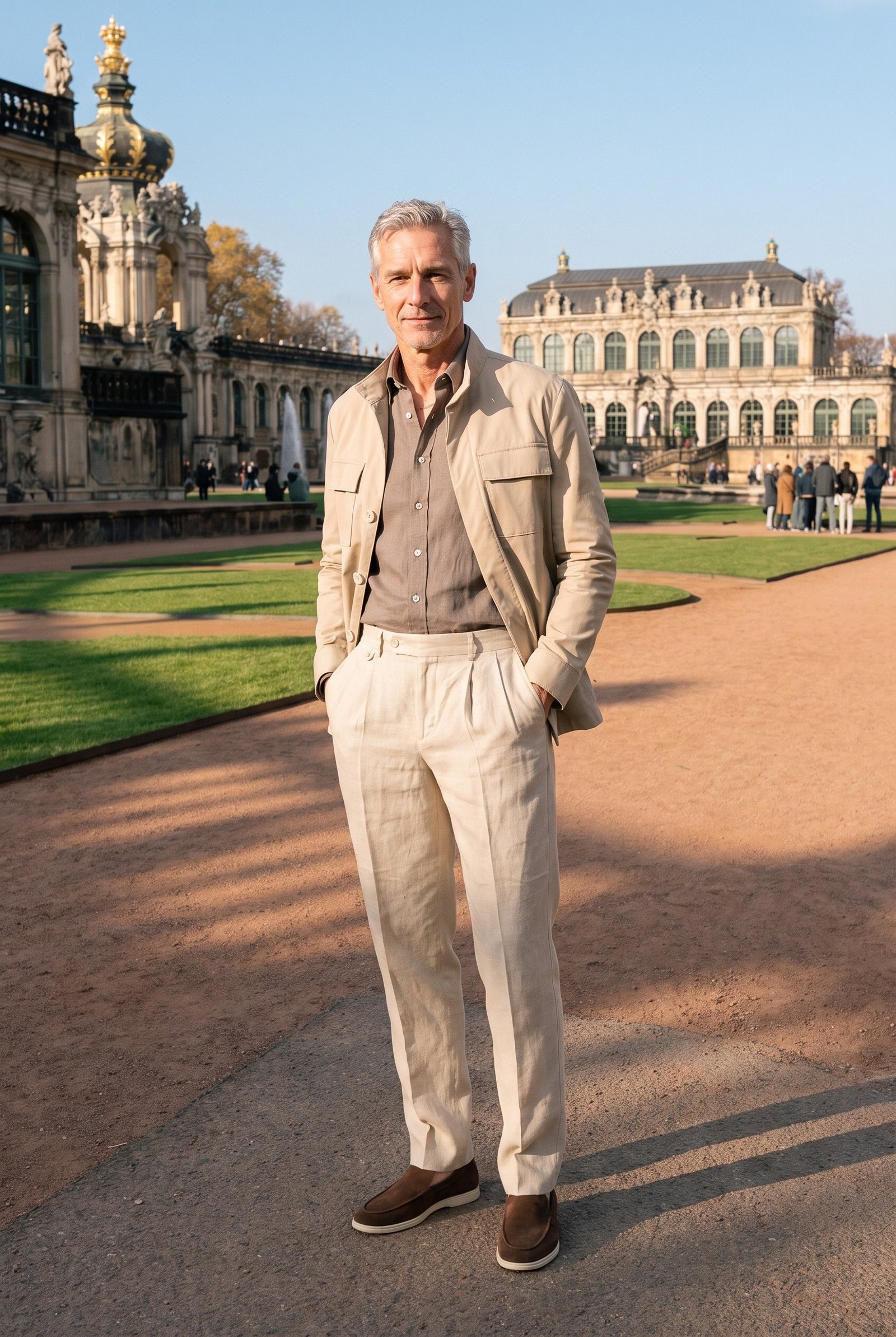 Look #871 styled with Herrenhemd aus hellbraunem Leinen, langärmelig, mit Knopfleiste, Sommerhemd