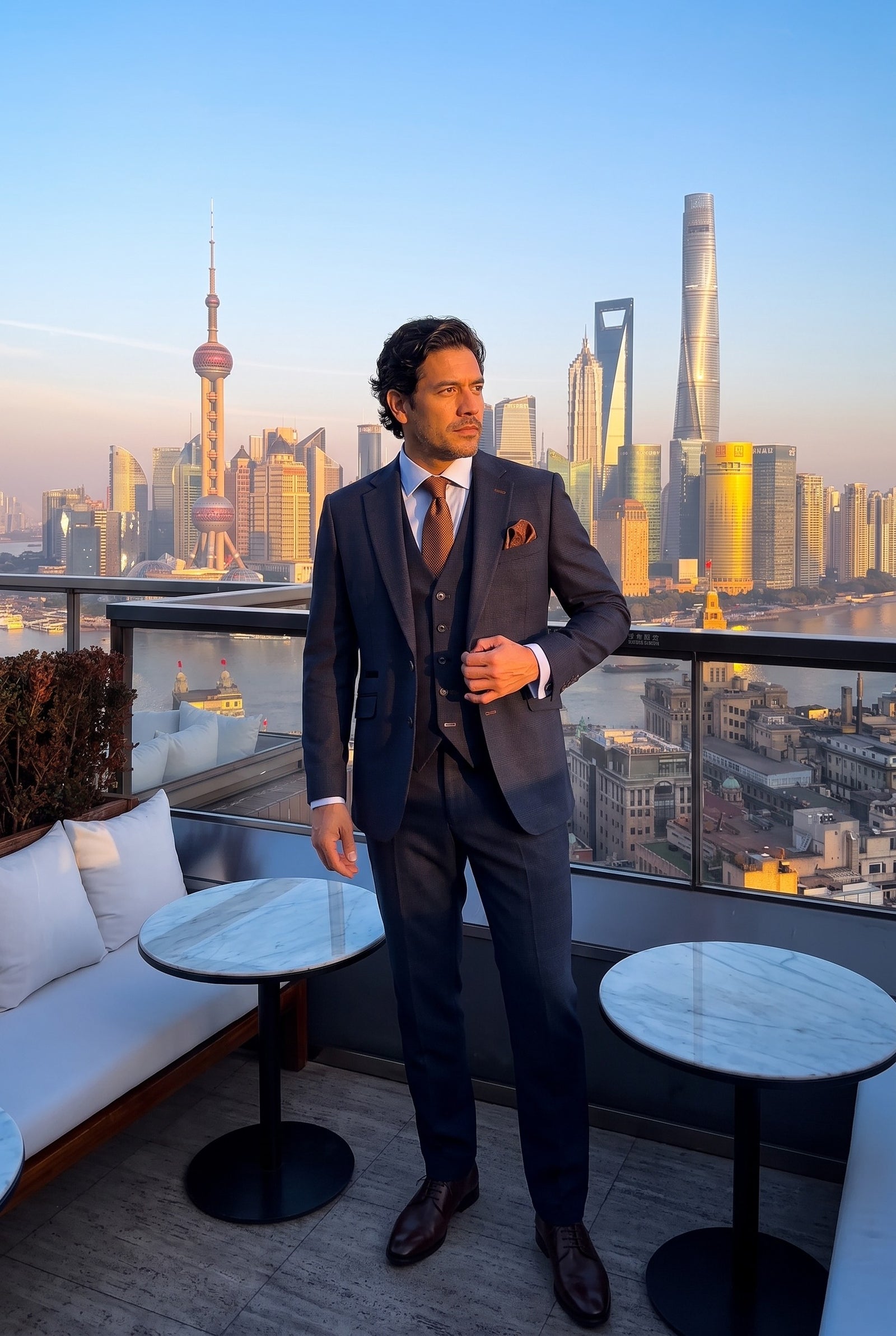 Look #995 styled with Cavani Connall - Marineblau karierter Vintage-Anzug für Herren