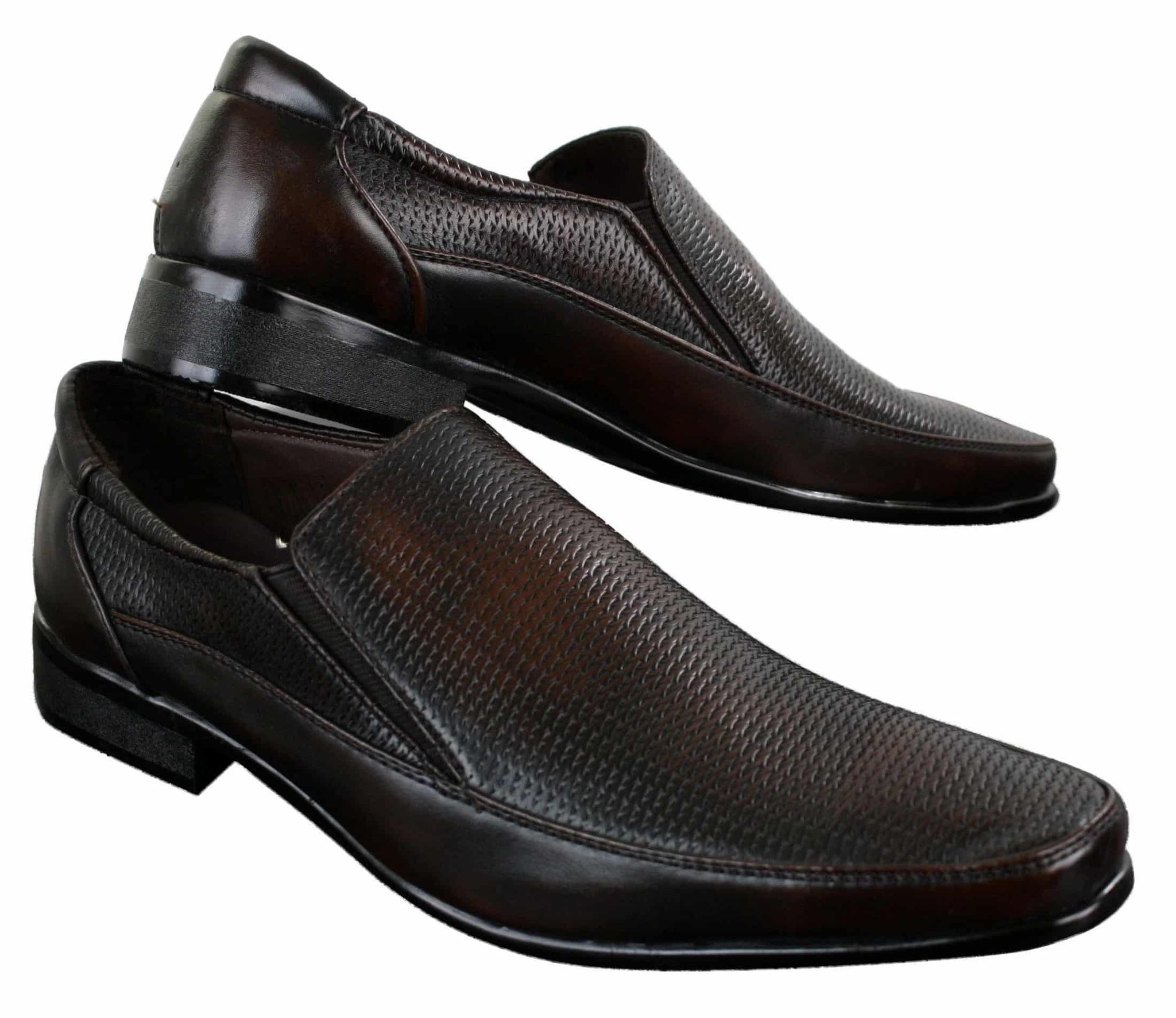 Mens Brown Black Formal Smart Slip On Shoes Textured PU Leather Italian Design