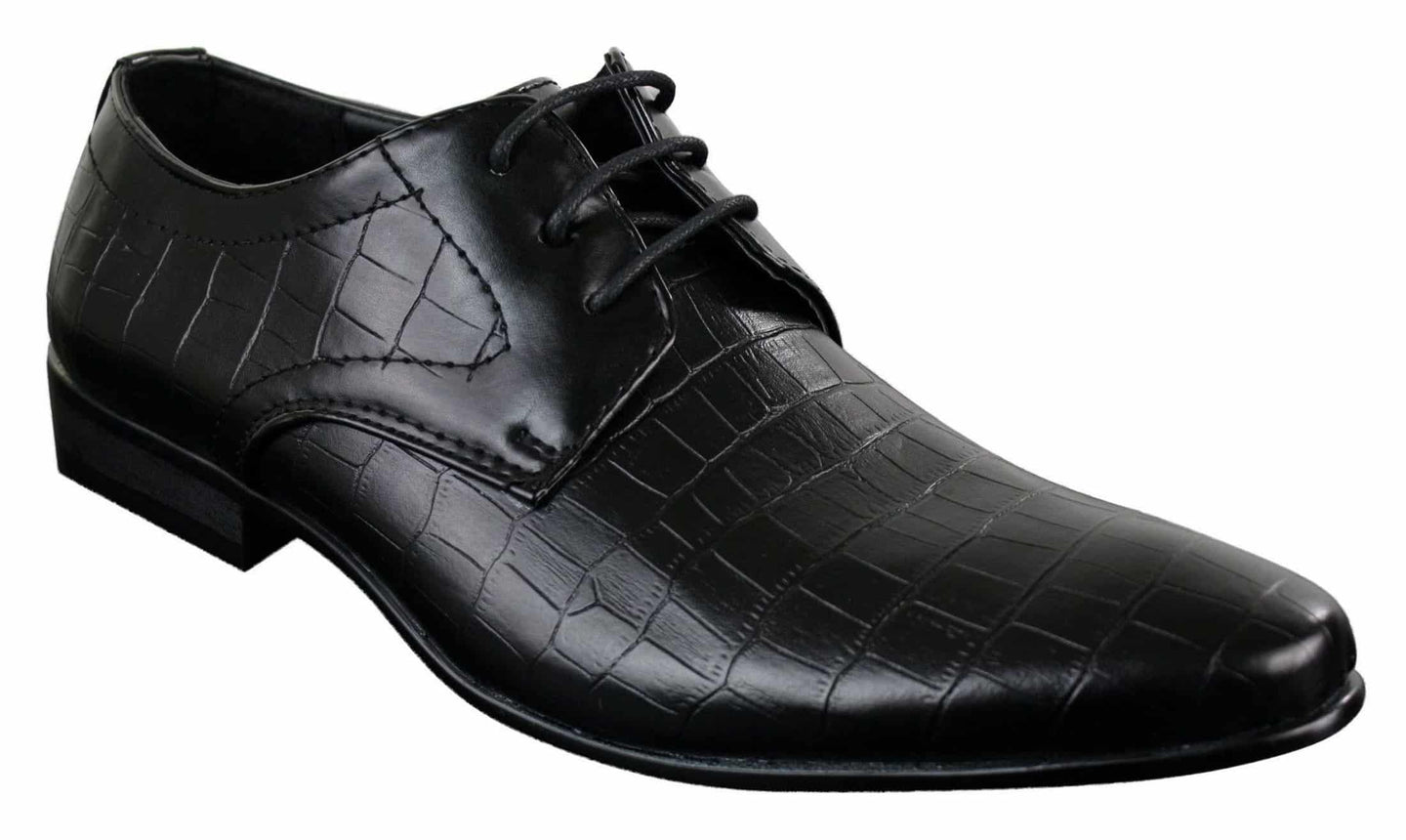 Mens Black Tan Brown Crocodile Snake PU Leather Shoes Laced Smart Formal Pointed