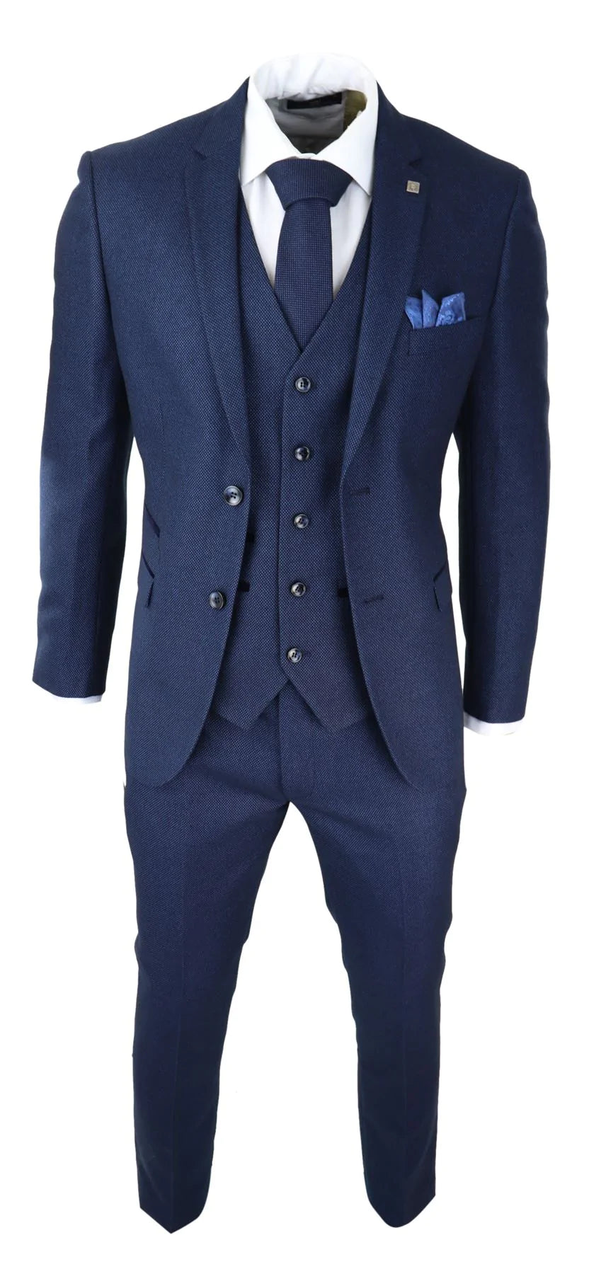 Mens Navy Blue 3 Piece Suit Birdseye Suit Wedding Prom Formal Smart Classic