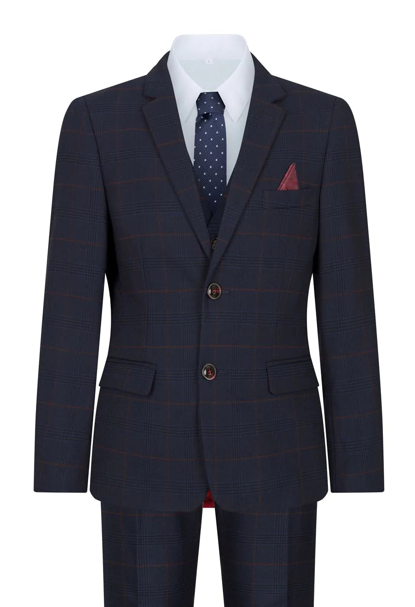 Boys Navy Check 3 Piece Suit Red Edinson Marc Darcy Classic Vintage Wedding