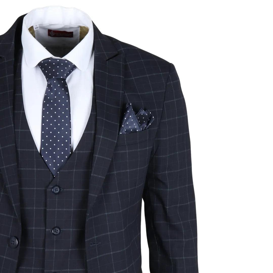 IM3 Men's Navy Checked Tailored Fit 3-Piece Suit