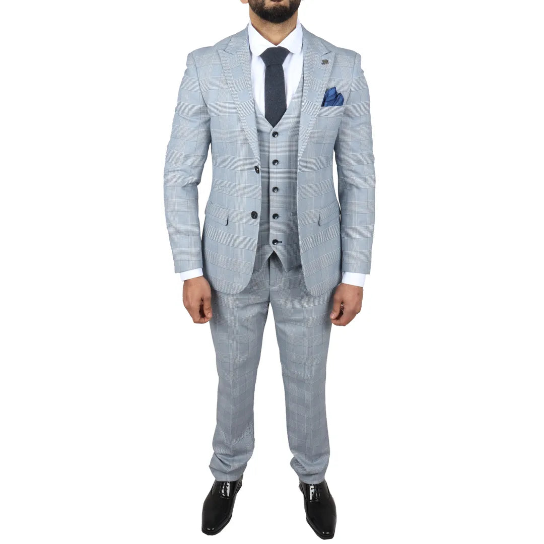 Mark Men's Light Blue 3-Piece Tweed Check Tailored Fit Suit