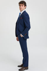 Herren Marineblau 3-teiliger Anzug mit braunem Besatz, klassischer Vogelaugen-Vintage-Anzug für Hochzeiten und Bräutigame