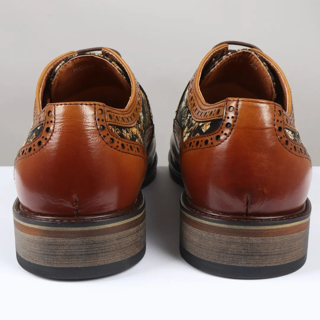 Ross - Men's Floral Print Leather Brown Brogue Shoes