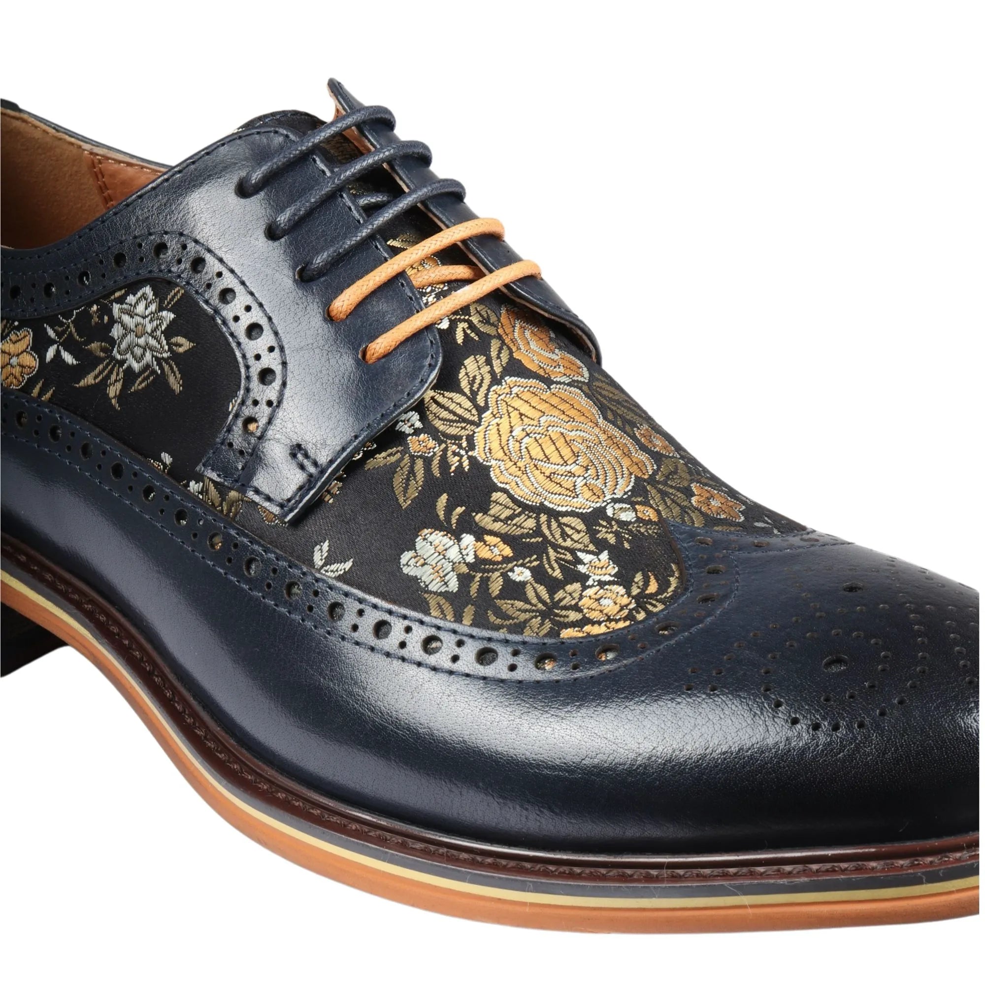 Ross - Men's Floral Print Leather Navy Brogue Shoes