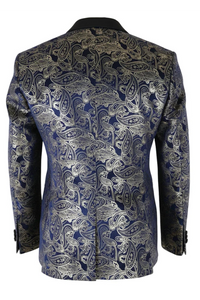 STZ63 - Herren-Smokingblazer aus Samt mit Paisley-Blumenmuster in Blau und Gold