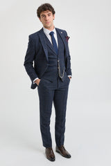 Herrenanzug 3-teilig Wolle Tweed Marineblau Braun Kariert 1920er Gatsby