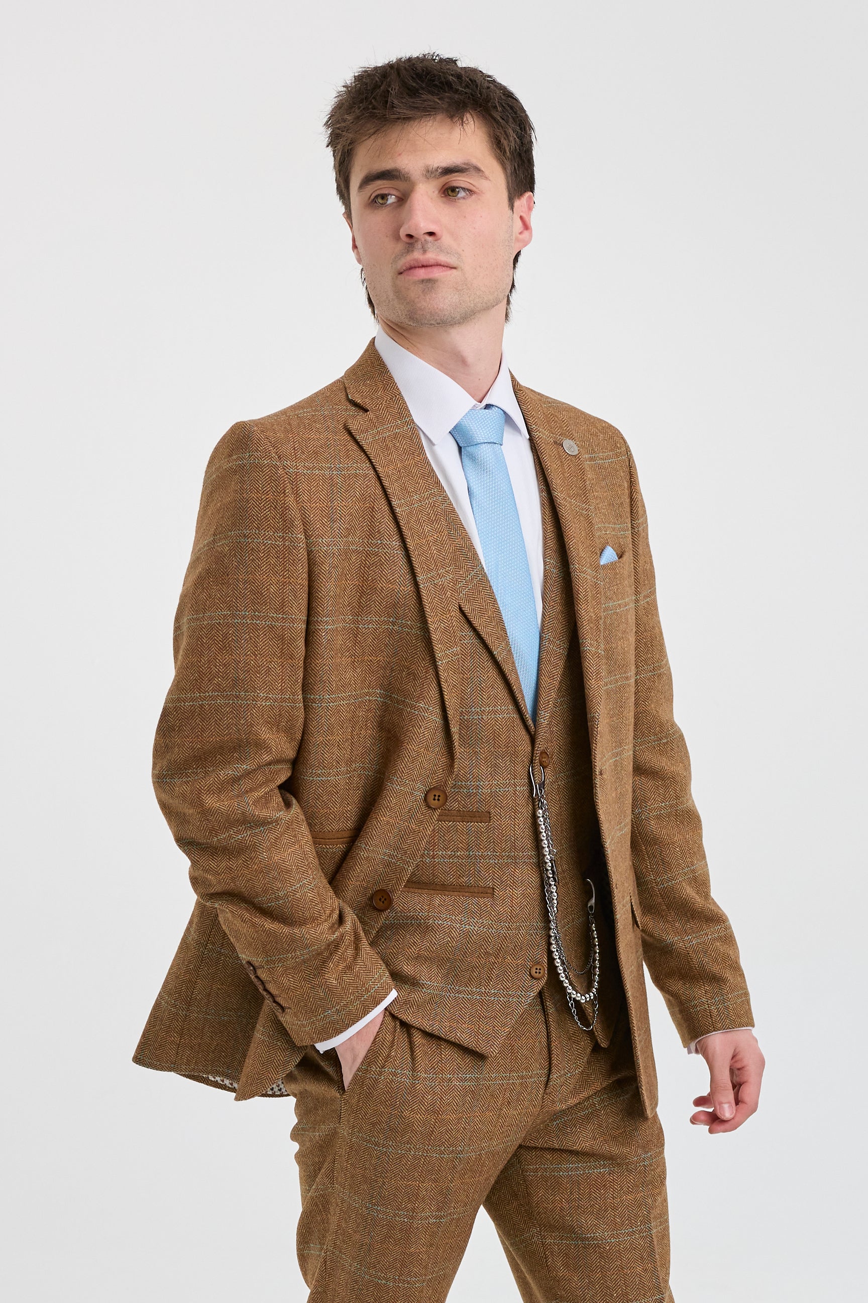 Herrenanzug, 3-teilig, Wolle, Tweed, Fischgrätmuster, Hellbraun, Braun, Blau, Kariert, 1920er Jahre, Gatsby