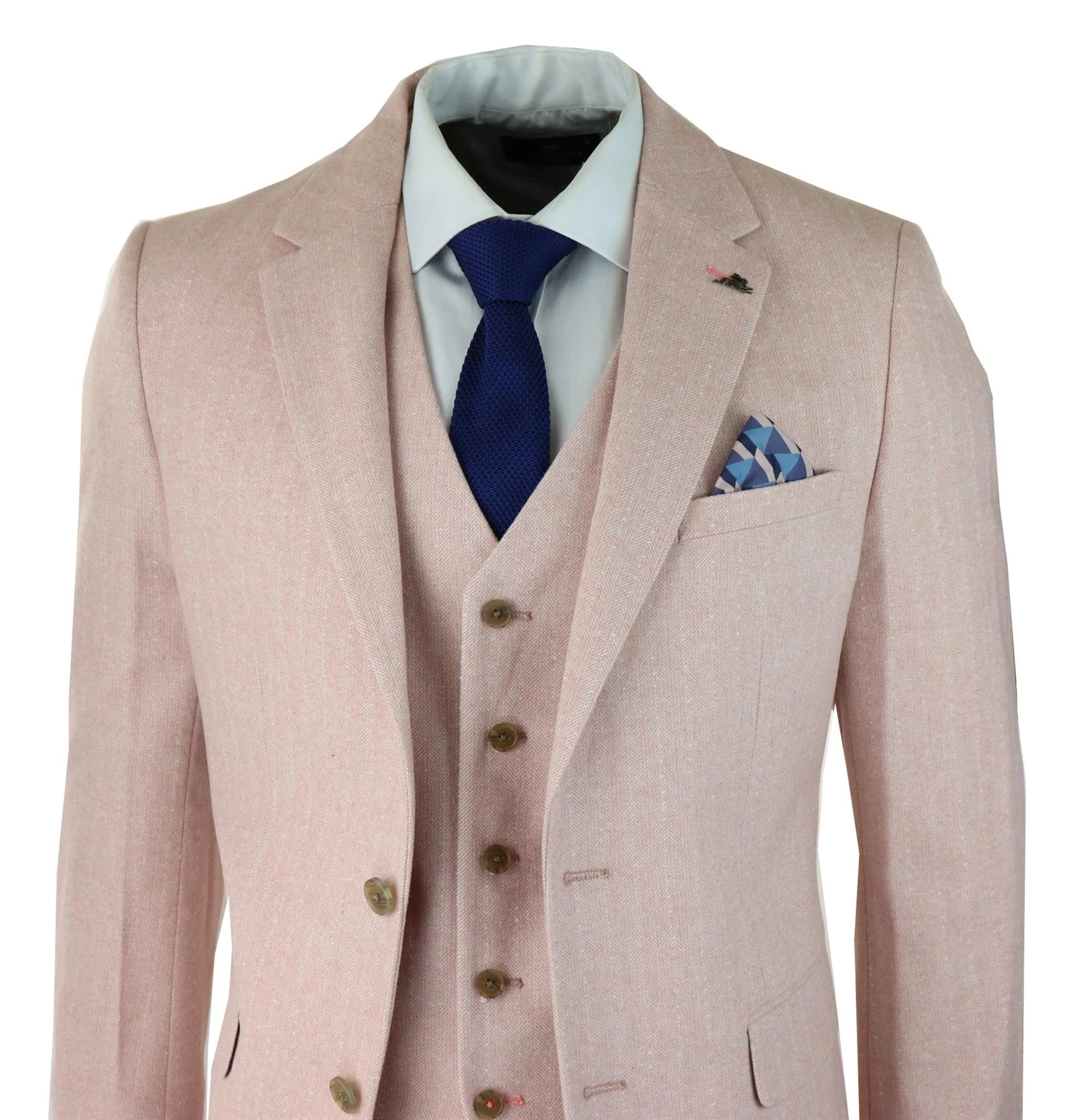 Mens Herringbone Tweed 3 Piece Suit Pink Blush Retro Vintage Short Reg Long
