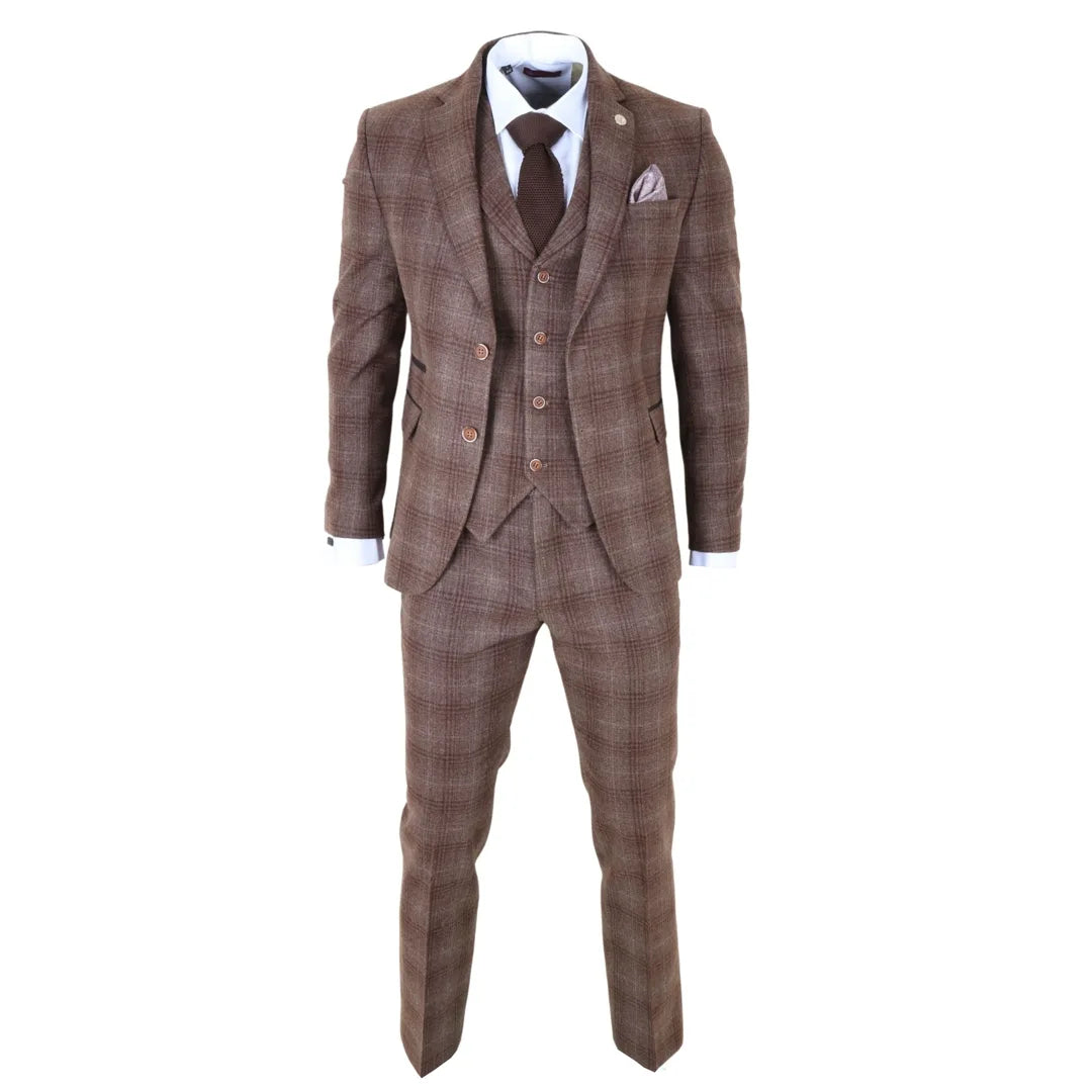 Brauner Tweed-Anzug für Herren, dreiteilig, kariert