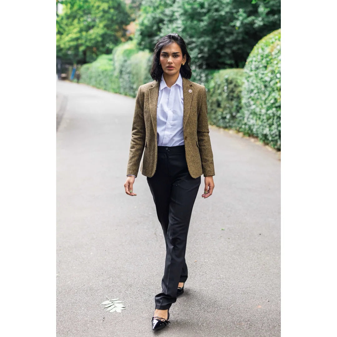 TPW-20 – Damenblazer aus braunem Tweed-Wollmischgewebe mit Hahnentrittmuster