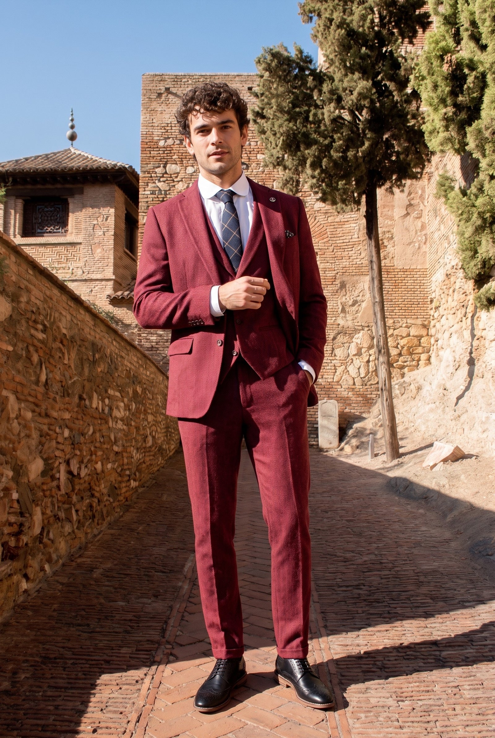 Look #181 styled with Weinroter 3-teiliger Tweedanzug für Herren mit Fischgrätenmuster - STZ11