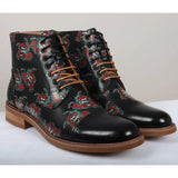 Adam - Men's Black Floral Skull Print Leather Oxford Boots