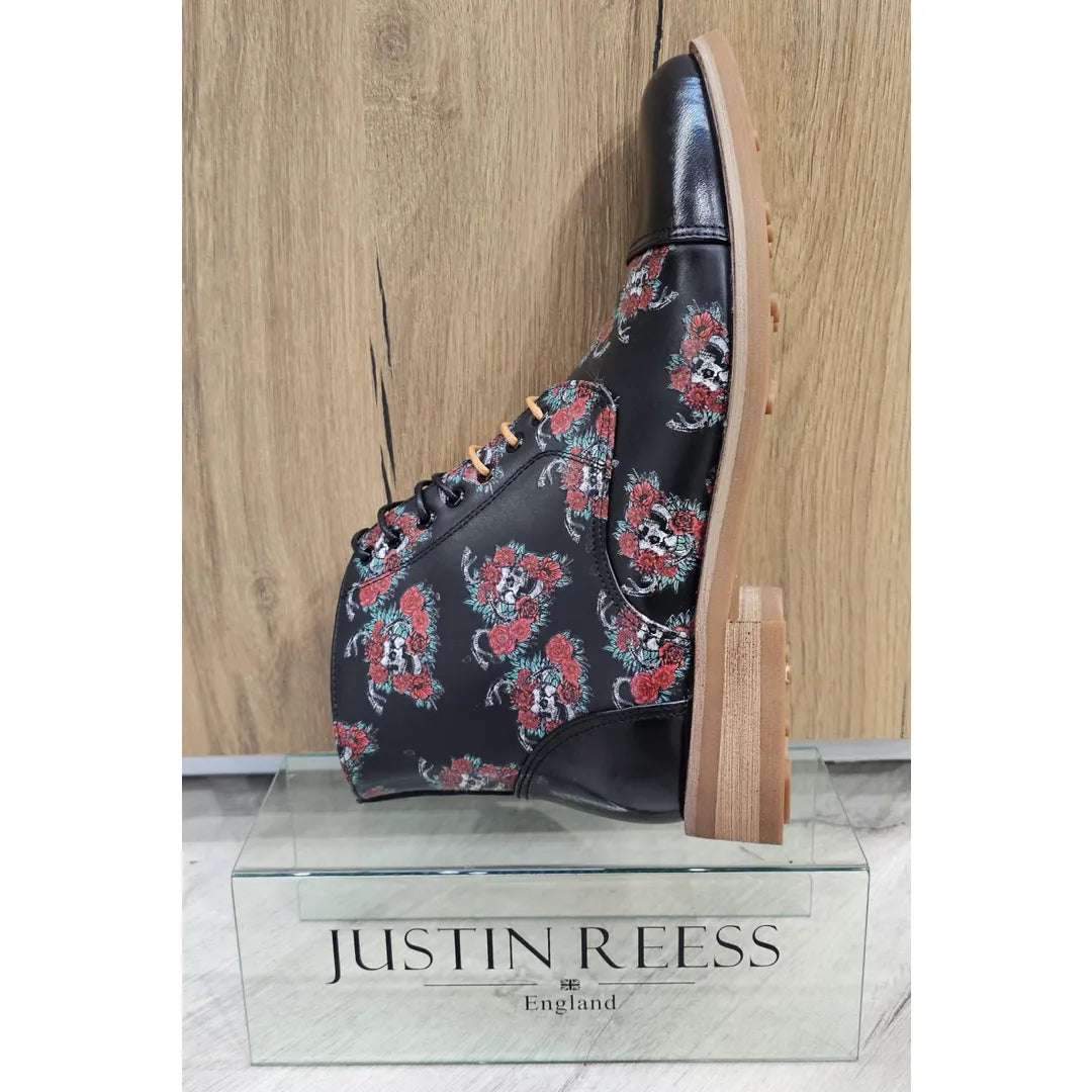 Adam - Men's Black Floral Skull Print Leather Oxford Boots