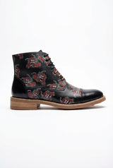 Adam – Schwarze Oxford-Stiefel aus Leder mit Blumen- und Totenkopf-Print für Herren