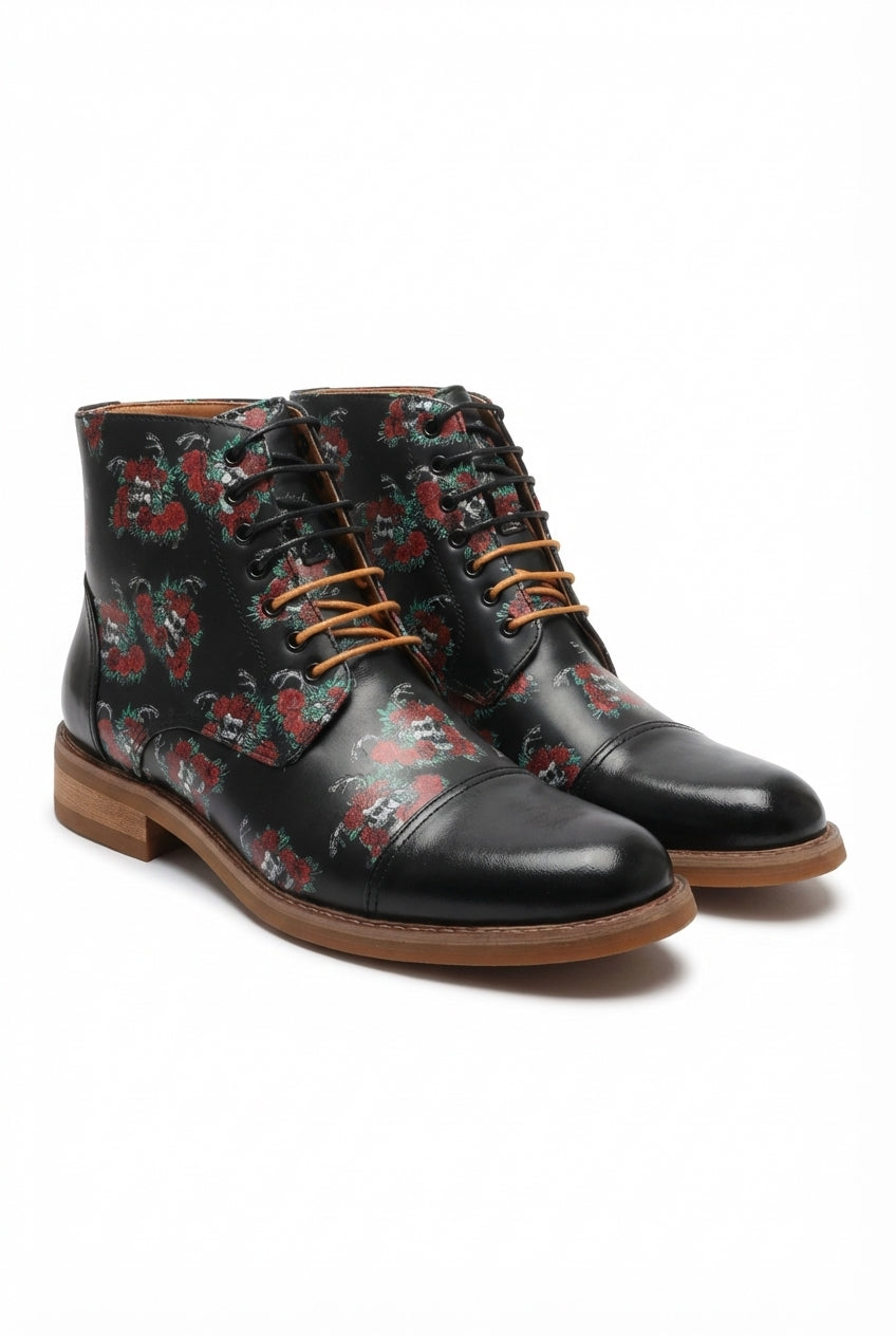 Adam – Schwarze Oxford-Stiefel aus Leder mit Blumen- und Totenkopf-Print für Herren