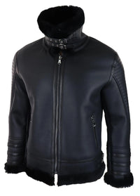 Mens Black Real Sheepskin Flying Jacket Zipped WW2 Pilot Black Winter Warm Coat