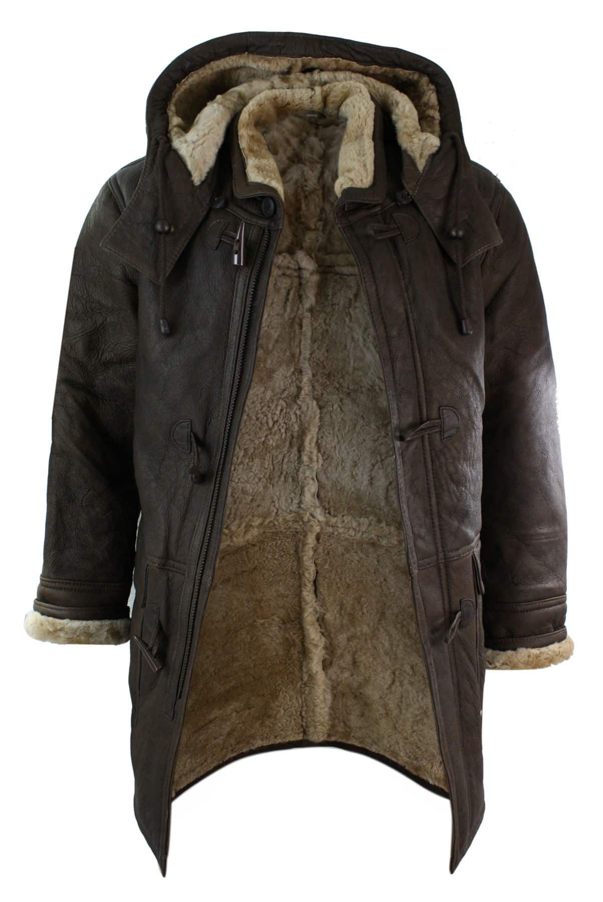Mens Winter Real Sheepskin Leather Duffle Safari Jacket Brown & Cream Hood Vintage-B3 Brown Ginger
