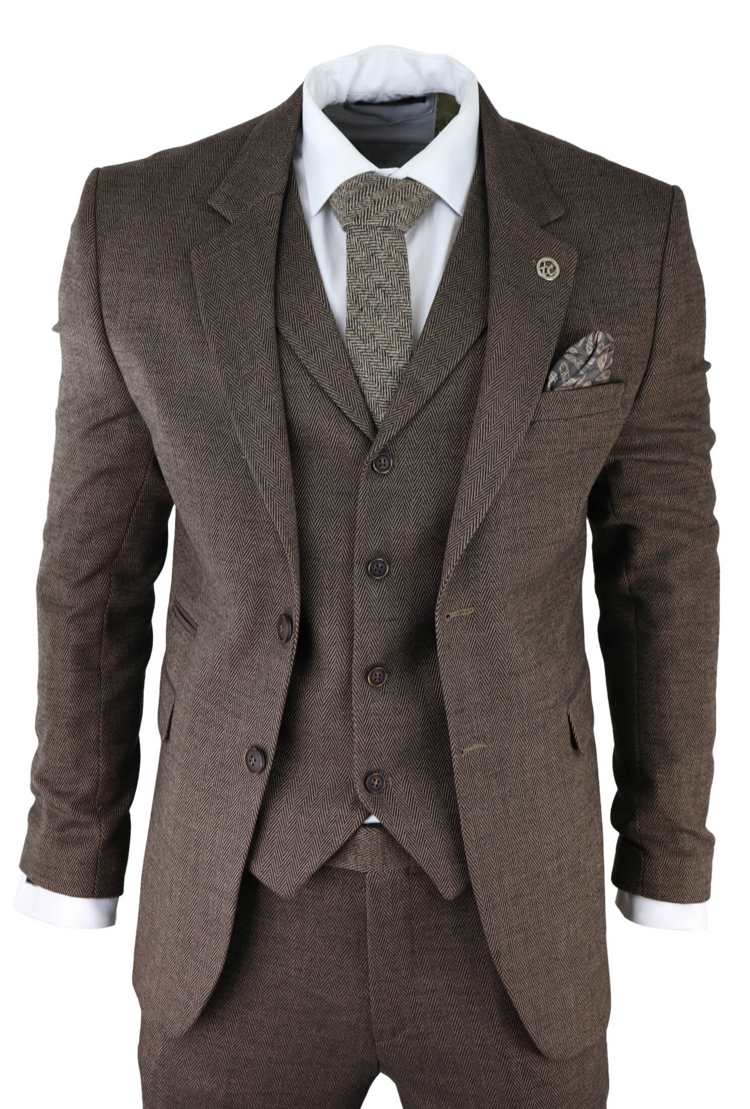 Men's Brown Herringbone Tweed 3 Piece Suit