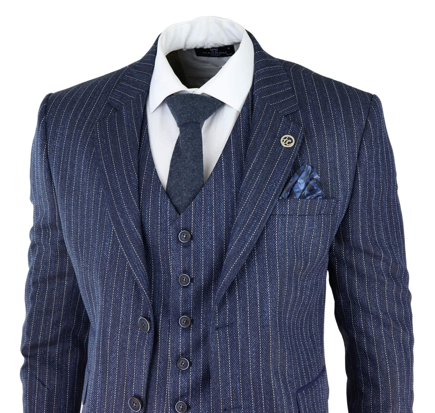 Men's Blue Pinstripe Herringbone Tweed 3 Piece Suit