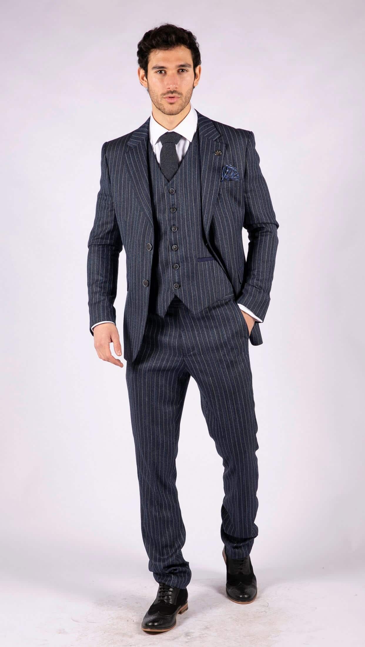 Men's Blue Pinstripe Herringbone Tweed 3 Piece Suit