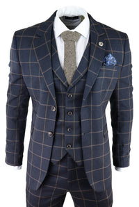 Men's Navy-Blue Windowpane Check 3 Piece Suit