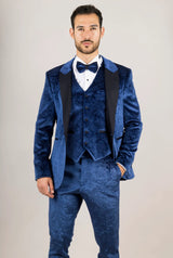 AK-27 Men's Blue 3-Piece Velvet Wedding Tuxedo with Black Satin Lapels