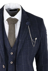 Mens Navy Check 3 Piece Suit Wool Tweed Classic 1920s Vintage Tailored Fit Wedding