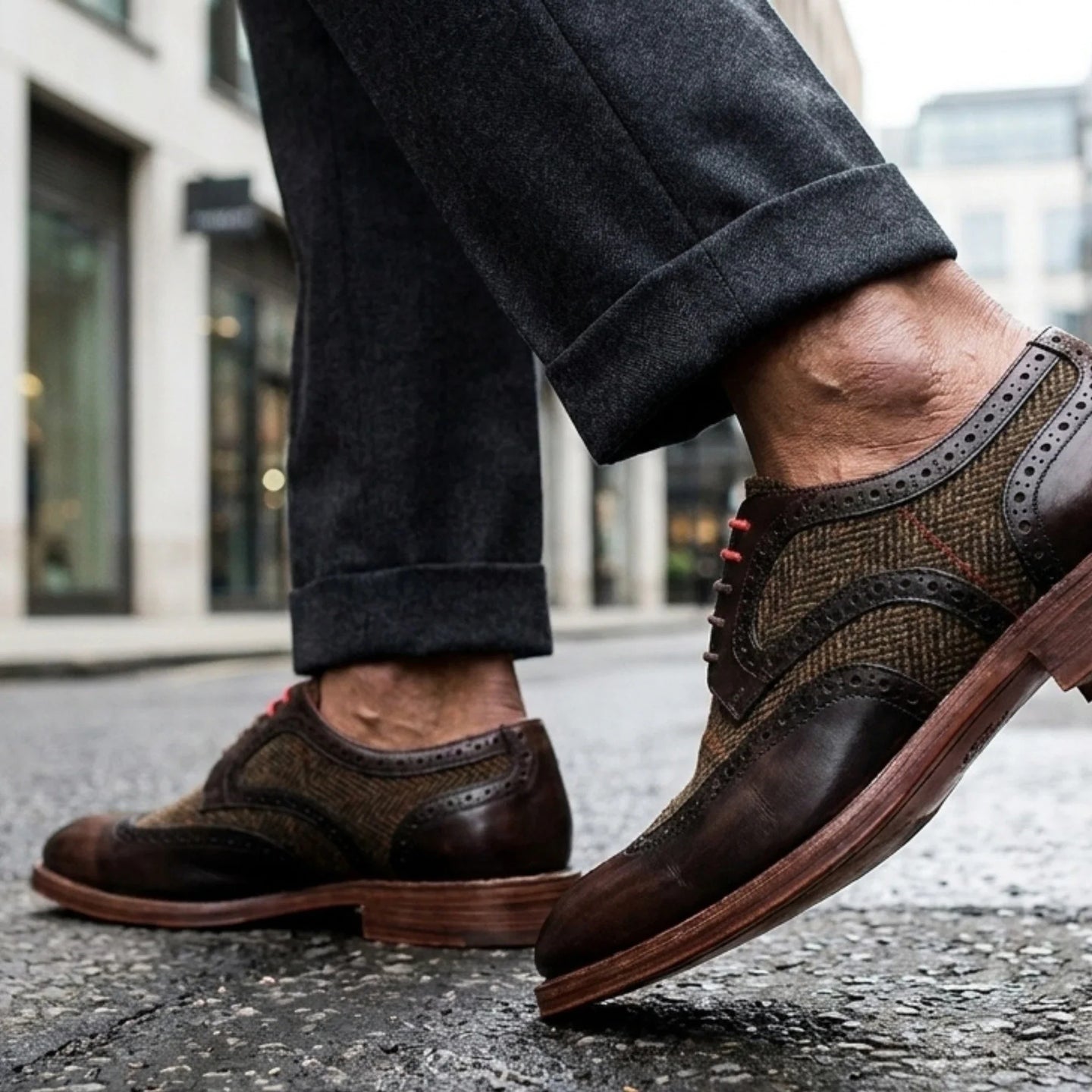 Arlo - Braune Herren-Brogueschuhe aus Leder-Tweed