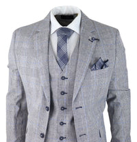 Mens 3 Piece Summer Suit Grey Check Blue Black Tailored Fit Classic Wedding Formal