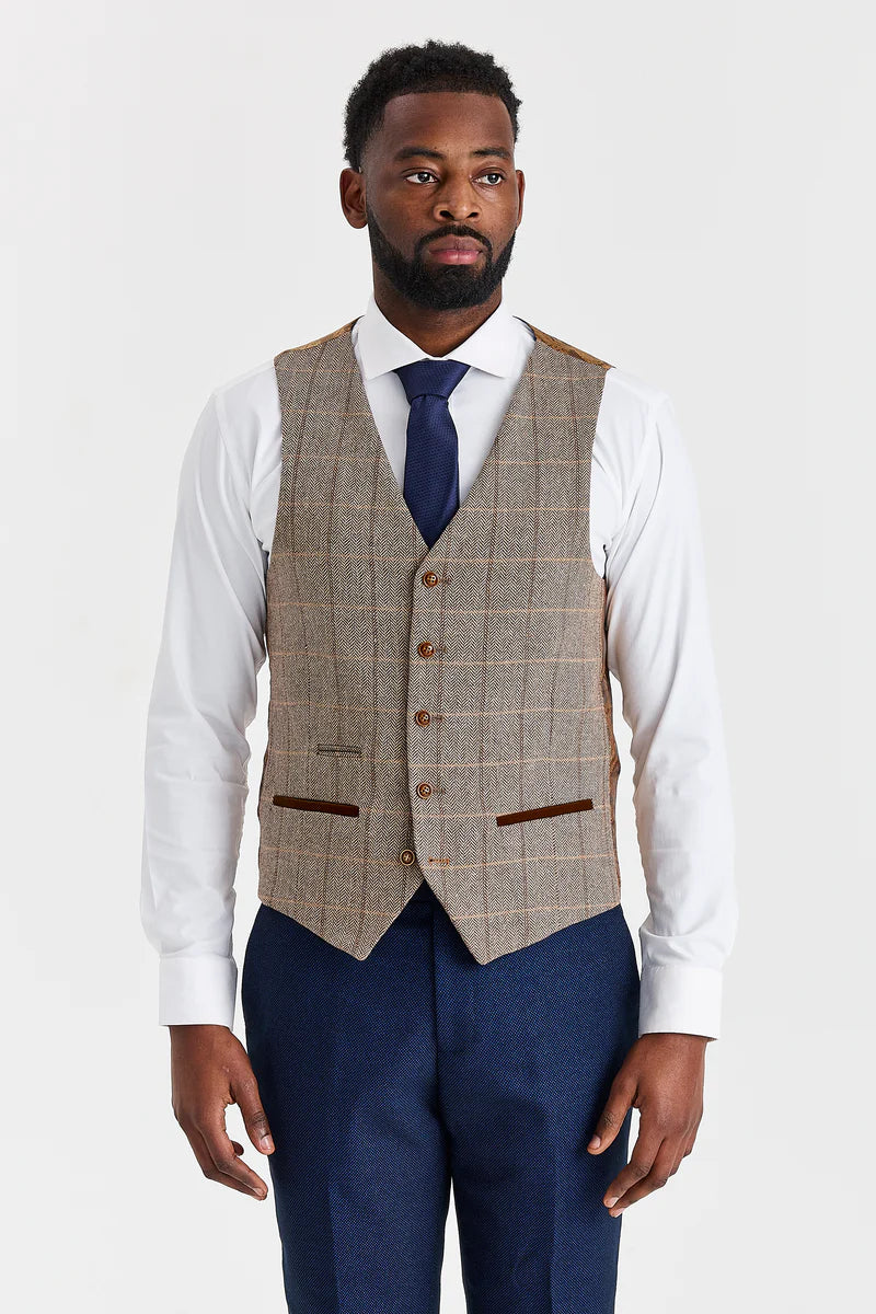 Arthur-Anzug in Marineblau mit kontrastierender Tweedweste in Harris Brown
