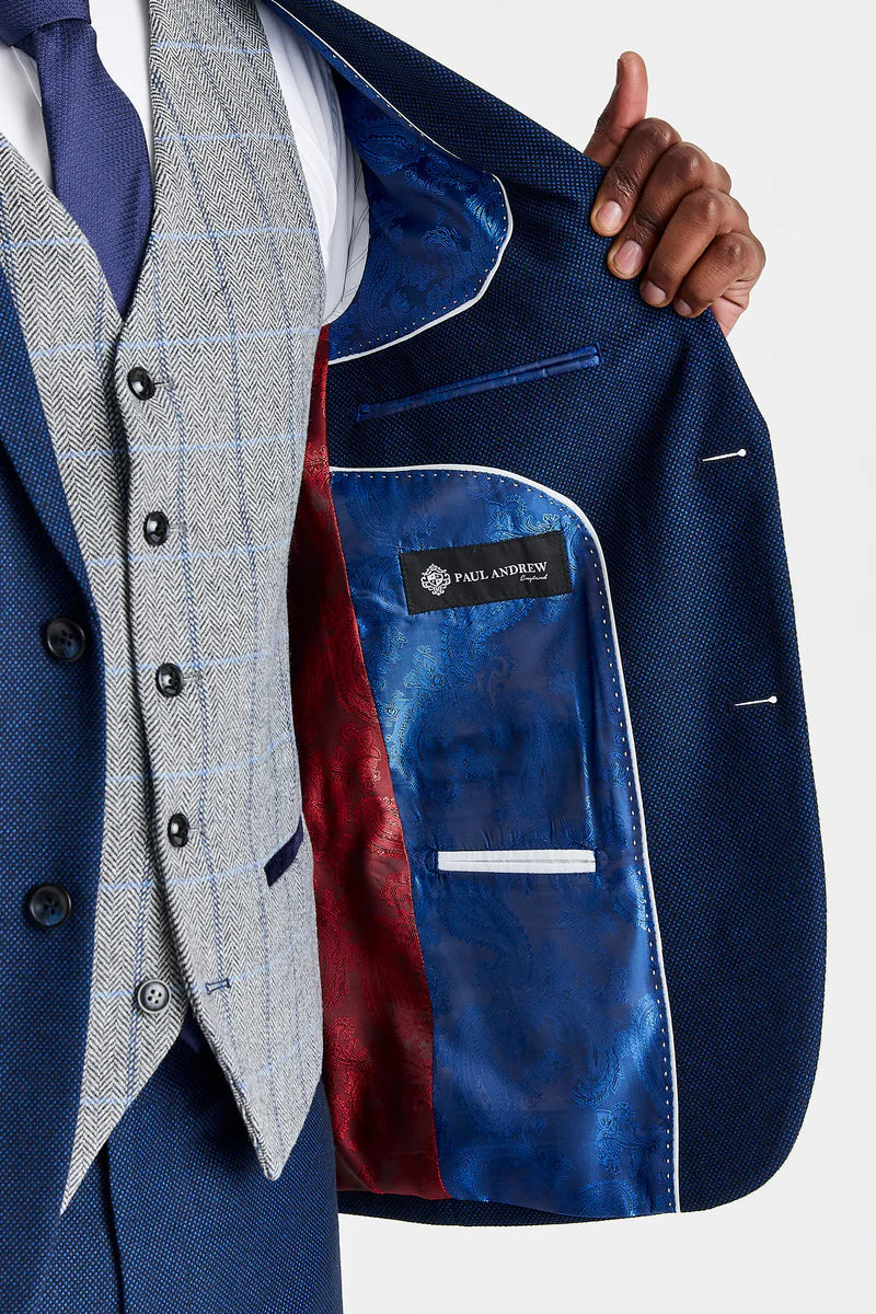 Arthur-Anzug in Marineblau mit kontrastierender Tweedweste in Harris-Grau