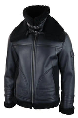 Mens Shearling Sheepskin Coat Zipped Flying Jacket Black Winter Warm Fur